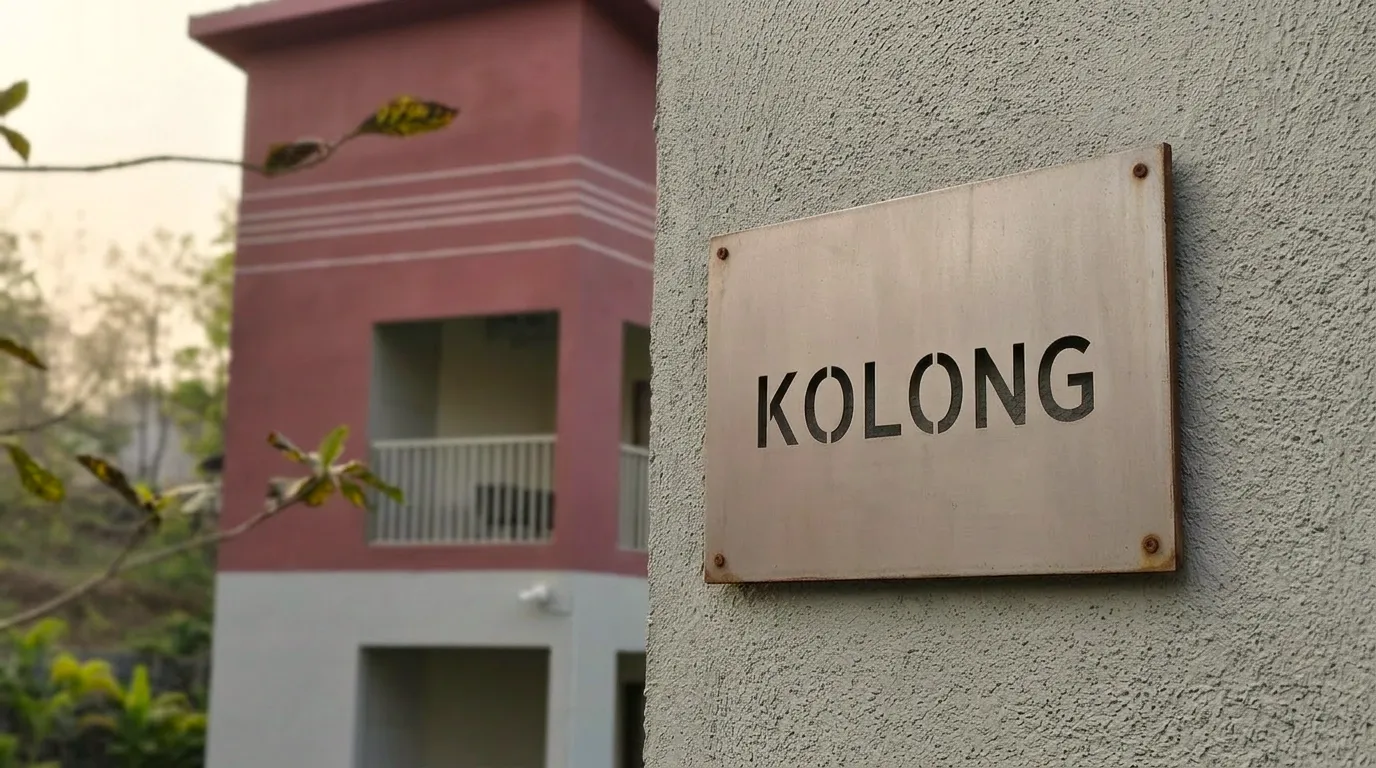 Timber wayfinding sign reading “Kolong”, naming a guest block after a Brahmaputra tributary